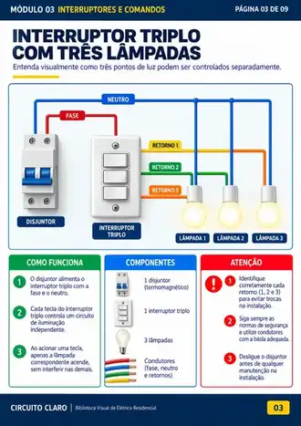 Interruptor triplo com três lâmpadas
